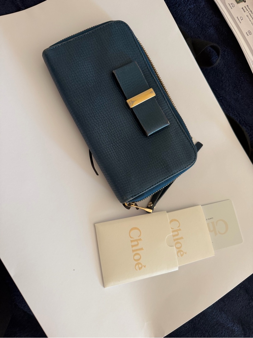 Authentic ChloΓ© Blue Leather Bow Zip-Around Long Wallet with Gold Hardware